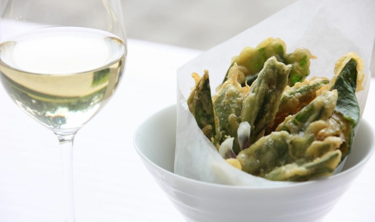 Jordan Winery vegetable tempura in round bowl with Jordan Chardonnay