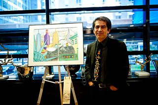 Felipe Galindo posing next to his entry piece "Jordan in the City" which was awarded first runner up in the 4 on 4 New York