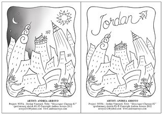 A piece of art from the 4 on 4 Jordan Winery art competition. It features 2 black and white cards with curvy doodle cityscapes. The left card has a moon and sun in the sky. The card on the right says "Jordan" in cursive with a bird flying.