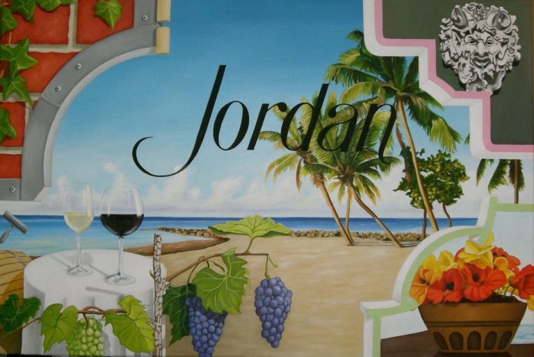 A piece of art from the 4 on 4 Jordan Winery art competition. It's a painting featuring 2 glasses of wine on a small white table next to grapes on the vine on a beach. Palm trees lean in from the right. 3 unique borders cut into the frame to reveal ivy covered brick, a sculpted face of Dionysus, and a bowl of flowers. "Jordan" is written across the middle.