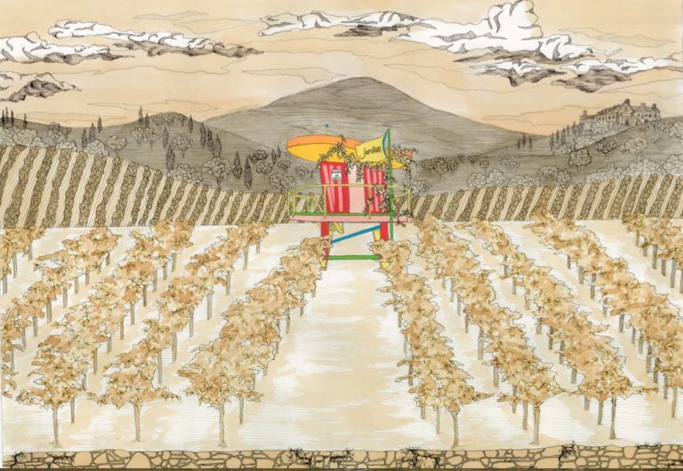 A piece of art from the 4 on 4 Jordan Winery art competition. A watercolor of a vibrant red striped lifeguard station centered among tan and beige vineyards. Grapevines hang from the roof and a yellow "Jordan" flag flies high. In the background are rolling gray hills and Jordan Winery in the very top right.