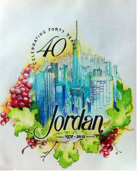 A piece of art from the 4 on 4 Jordan Winery art competition. It features the word "Jordan" supported by grape leaves and purple grapes. Above "Jordan" is a vibrant blue cityscape and "Celebrating 40 Years" on the top left.