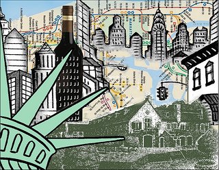 A piece of art from the 4 on 4 Jordan Winery art competition. Collaged together over a map are clippings of Jordan Winery, black and white cartoon cityscapes, a skyscraper wine bottle, and the corner of the Statue of Liberty's crown.