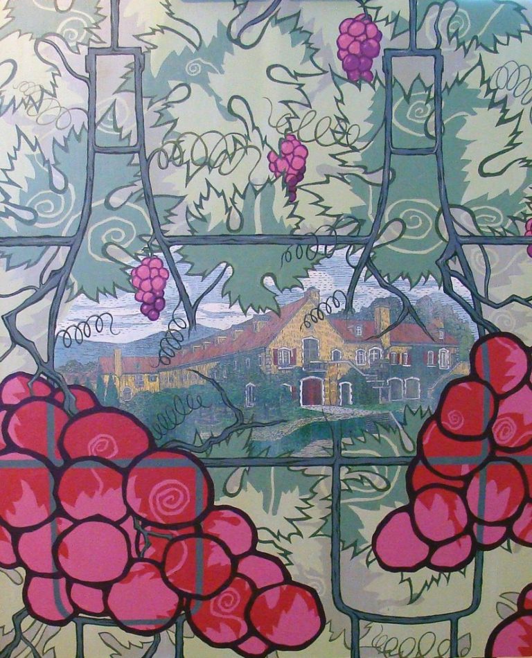 A piece of art from the 4 on 4 Jordan Winery art competition. Drawing of stained glass with 2 wine bottles silhouetted. The middle panel shows Jordan Winery. Large red grape clusters come from either side. The top panels are covered in leaves and small grape clusters.