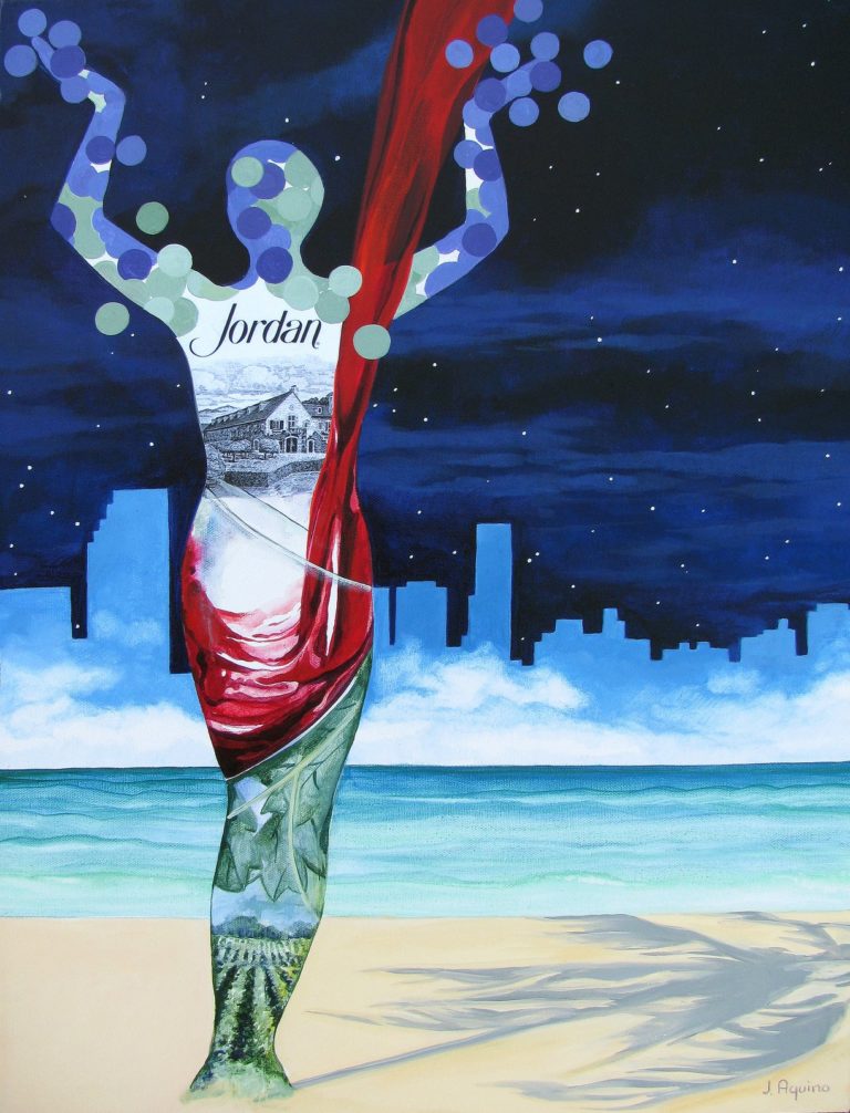 A piece of art from the 4 on 4 Jordan Winery art competition. It features a woman's silhouette filled with red wine pouring into a glass, vineyards, and Jordan Winery. She stands on a beach with a cityscape carved above the clouds on the horizon by a starry sky.