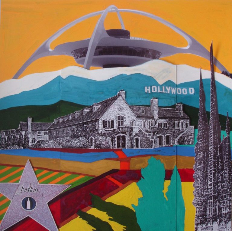 A piece of art from the 4 on 4 Jordan Winery art competition. Centered is an etching style drawing of Jordan Winery. The background and foreground are painted in bold color blocking. On top is the Theme Building in Los Angeles.
