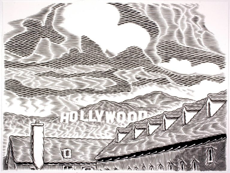 A piece of art from the 4 on 4 Jordan Winery art competition in Los Angeles. It's black and white and in an etching style. It features cottage roof tops below the Hollywood sign and clouds.