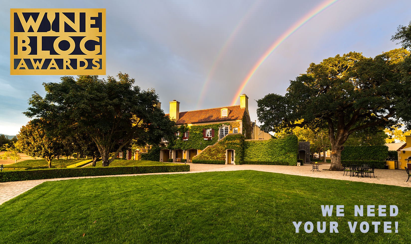 Jordan Winery Chateau with rainbow in background with Wine Blog Awards logo and image text: "We need your vote"