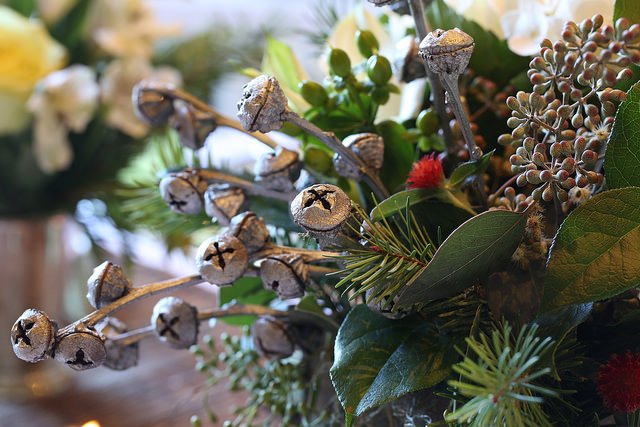 A close-up of eucalyptus pods painted silver to look like jingle bells in a holiday centerpiece.