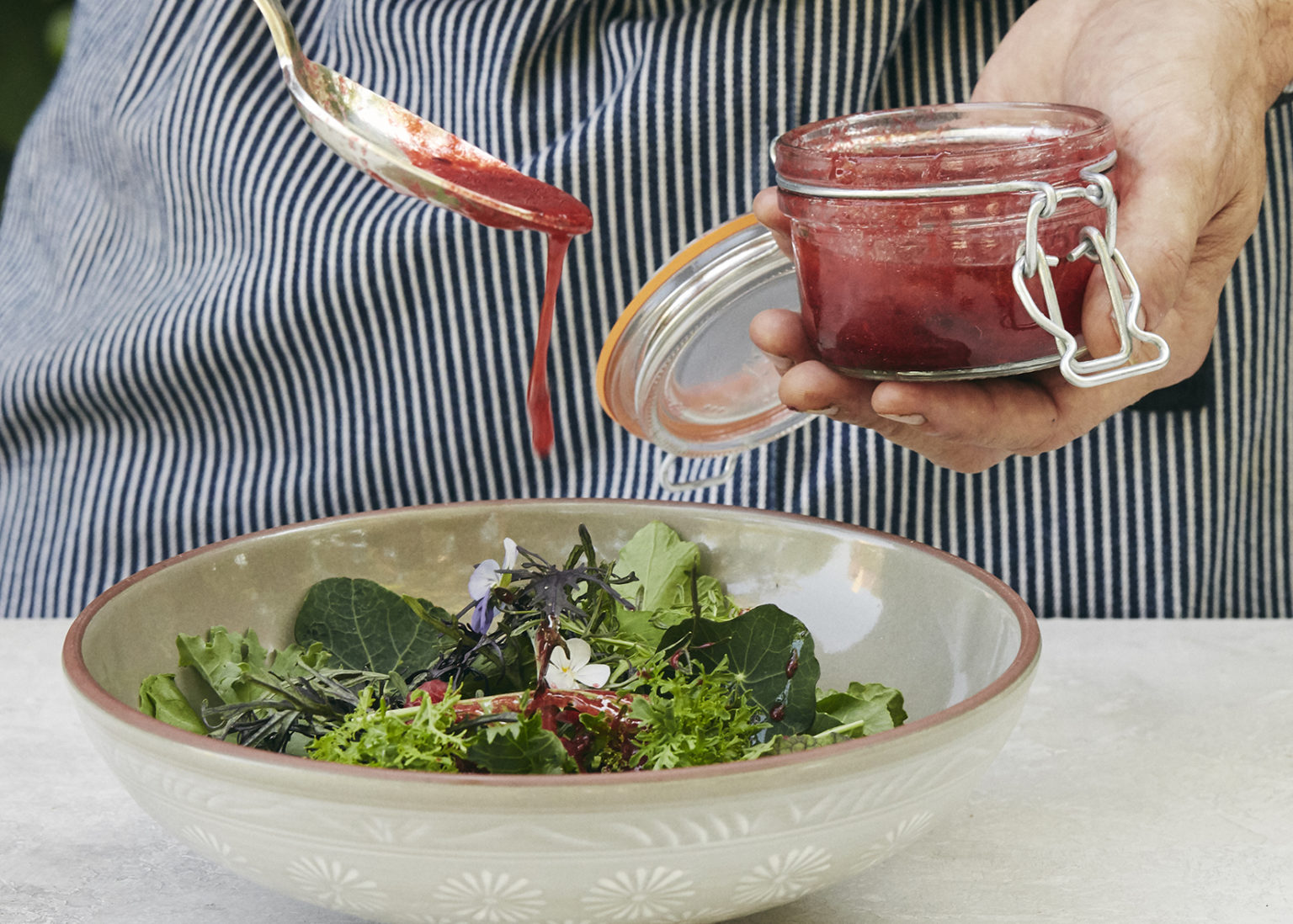 Homemade raspberry balsamic vinaigrette salad dressing