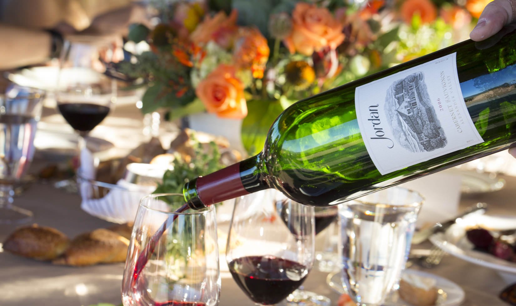 close up of Jordan Winery Cabernet being poured into a glass at a Sunset Supper at Vista Point