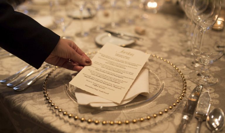 Close up of a menu for a Valentine's Dinner at Jordan Winery on a place setting plate