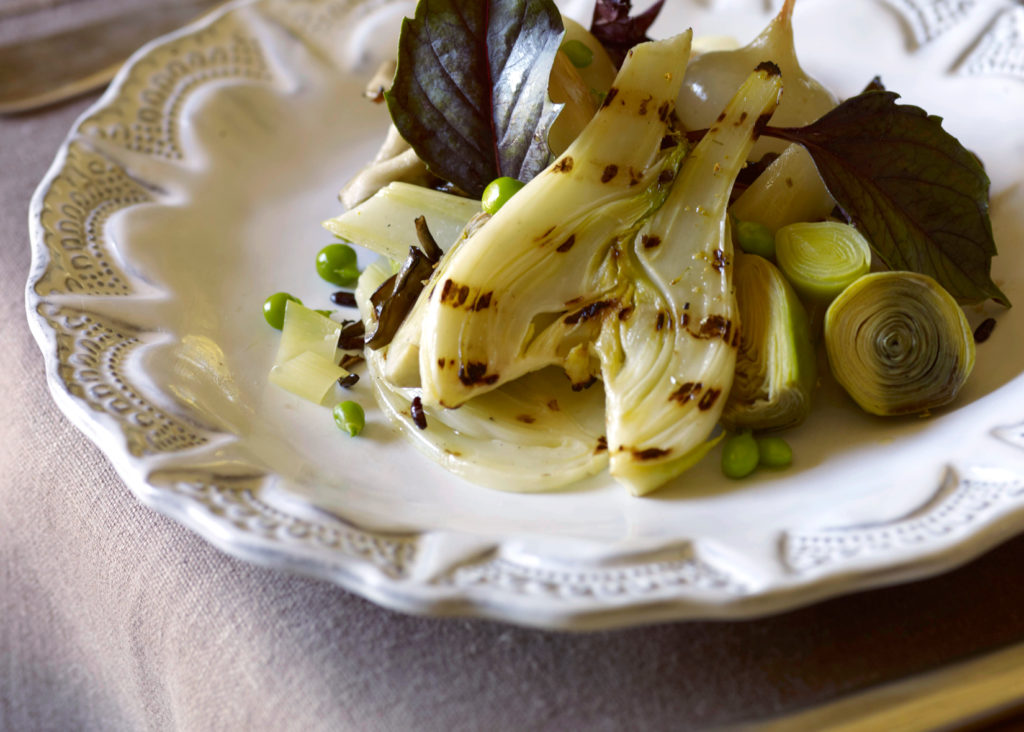 Grilled Vegetables with Hazelnut on white decorative plate