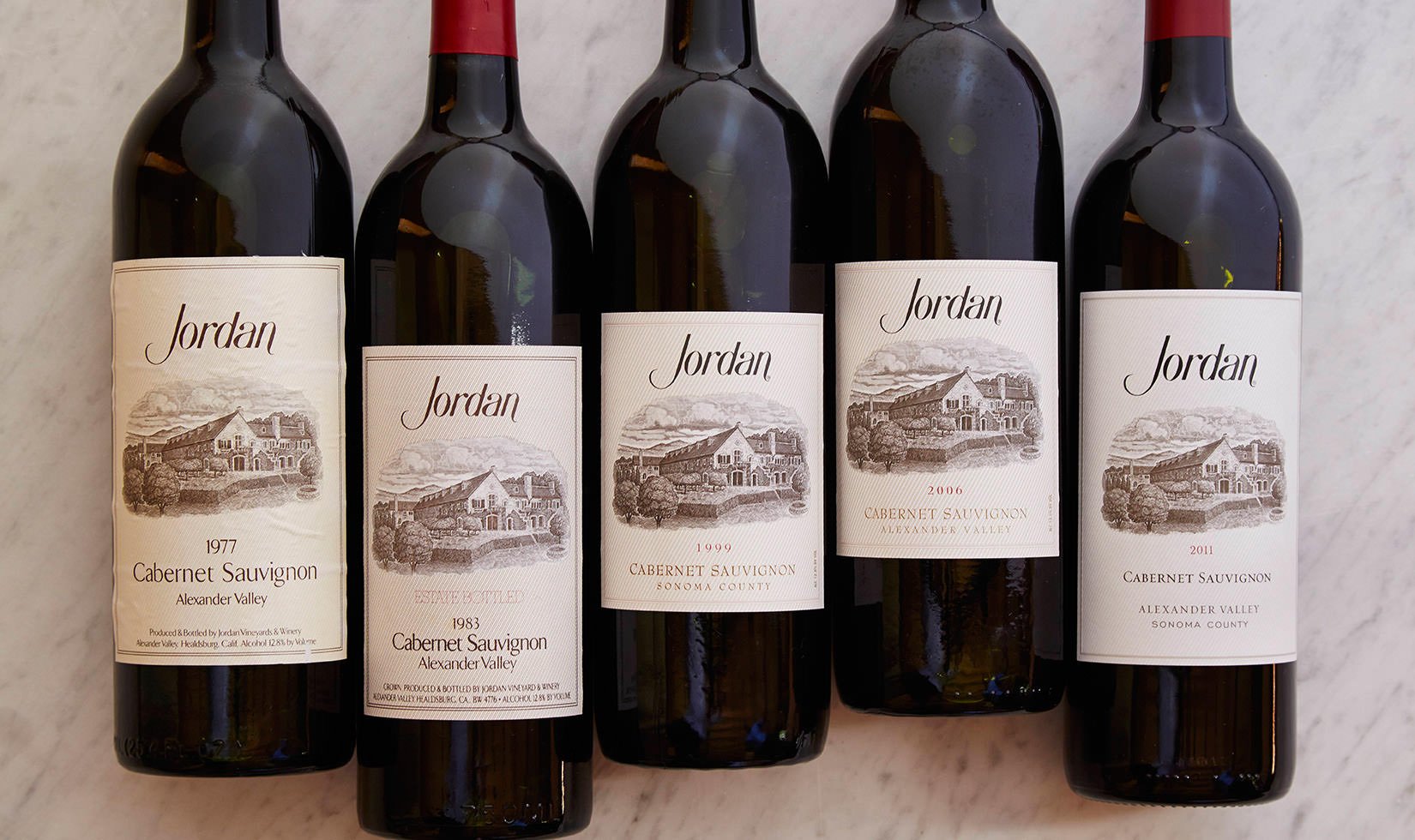 Jordan cabernet sauvignon wine bottles in a row