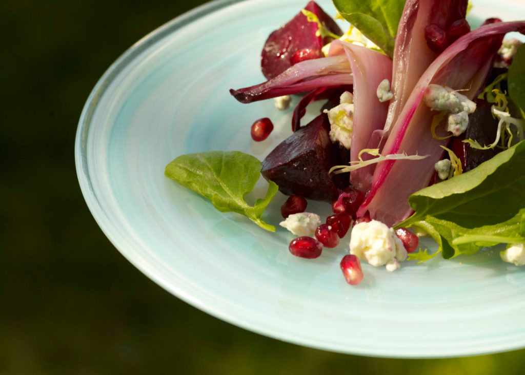 Roasted Beet Salad with Endive on blue plate