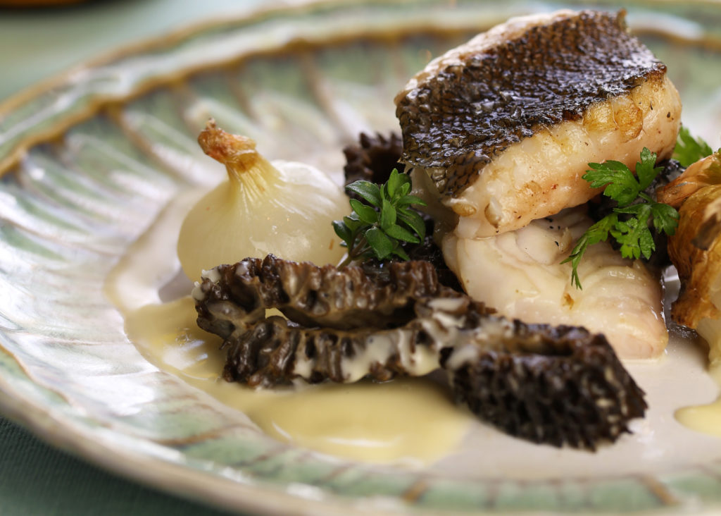 Grilled Sand Dabs with Morels and Cipollini Onions