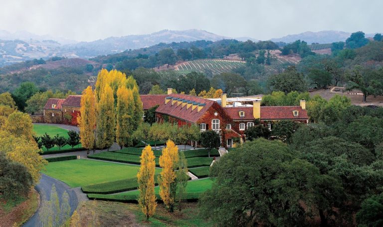 aerial view of Jordan Vineyard and Winery Chateau with fall colors