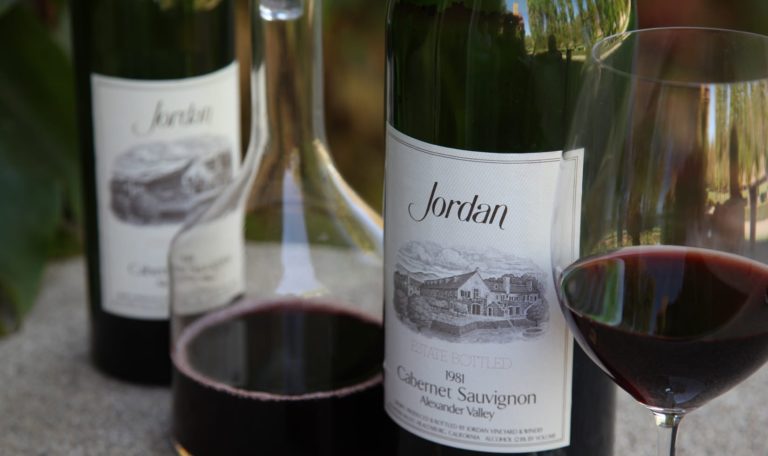 1981 Jordan Cabernet Sauvignon with wine glass and decanter