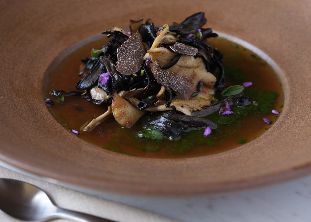 Beef and chicken winter pho soup in brown bowl