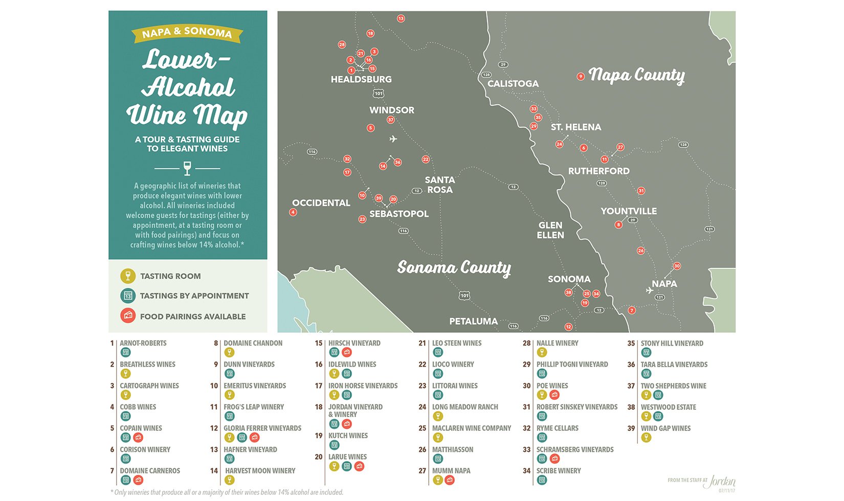 Lower-Alcohol wine Map of Sonoma and Napa Wineries by Jordan Vineyard & Winery