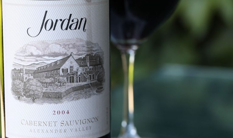 close up of a bottle of 2004 Jordan Winery Cabernet