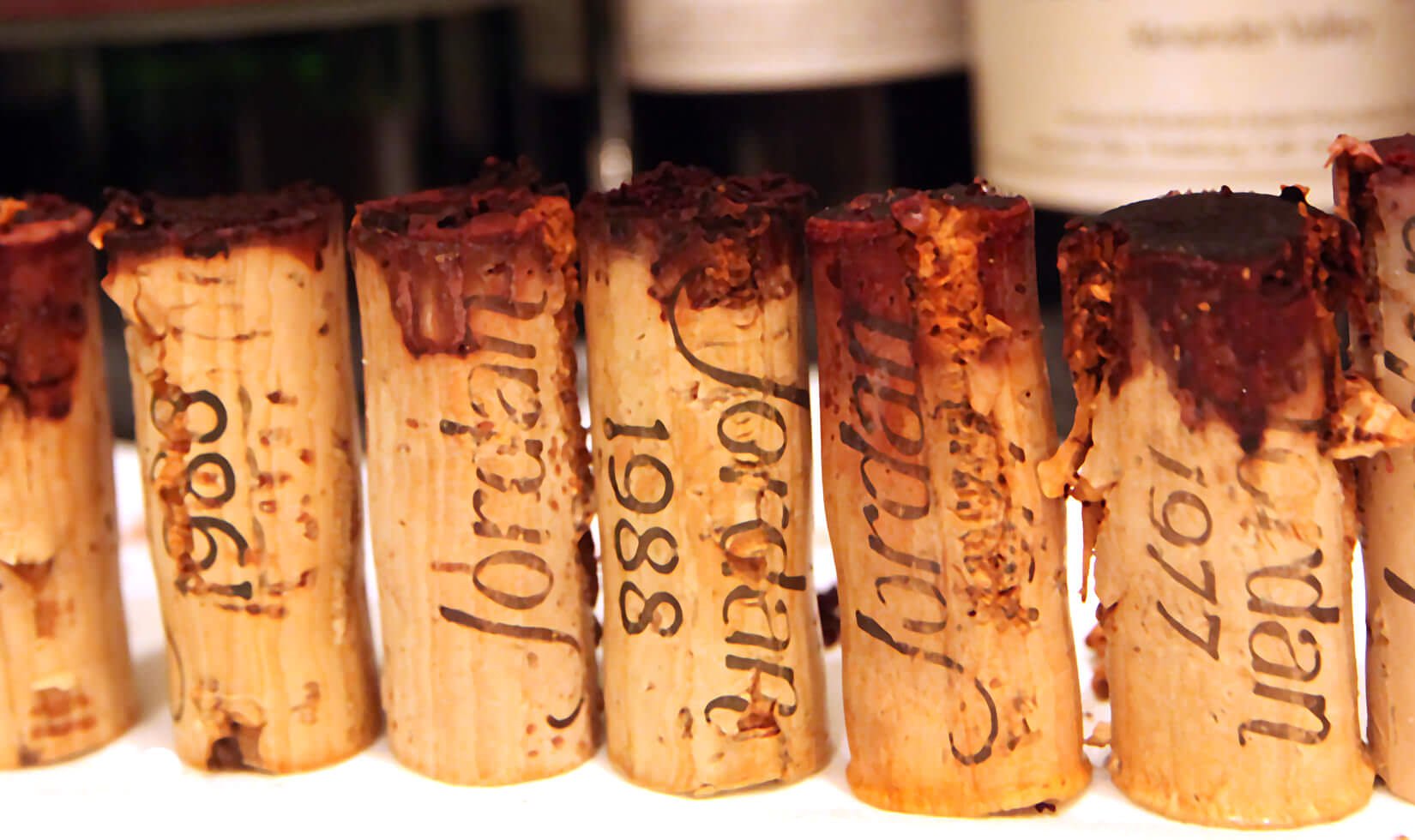 old wine corks, Jordan cabernet sauvignon wine corks line