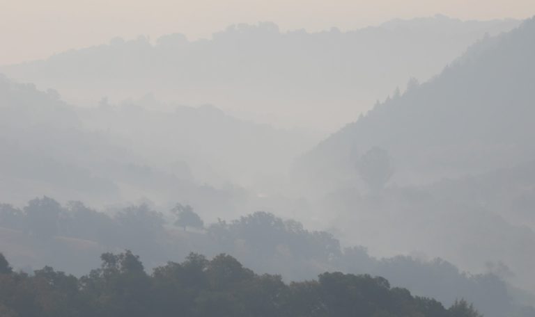 a very smokey Alexander Valley in 2017 Wine Country Wildfires, Jordan Winery mountain view, Sonoma County