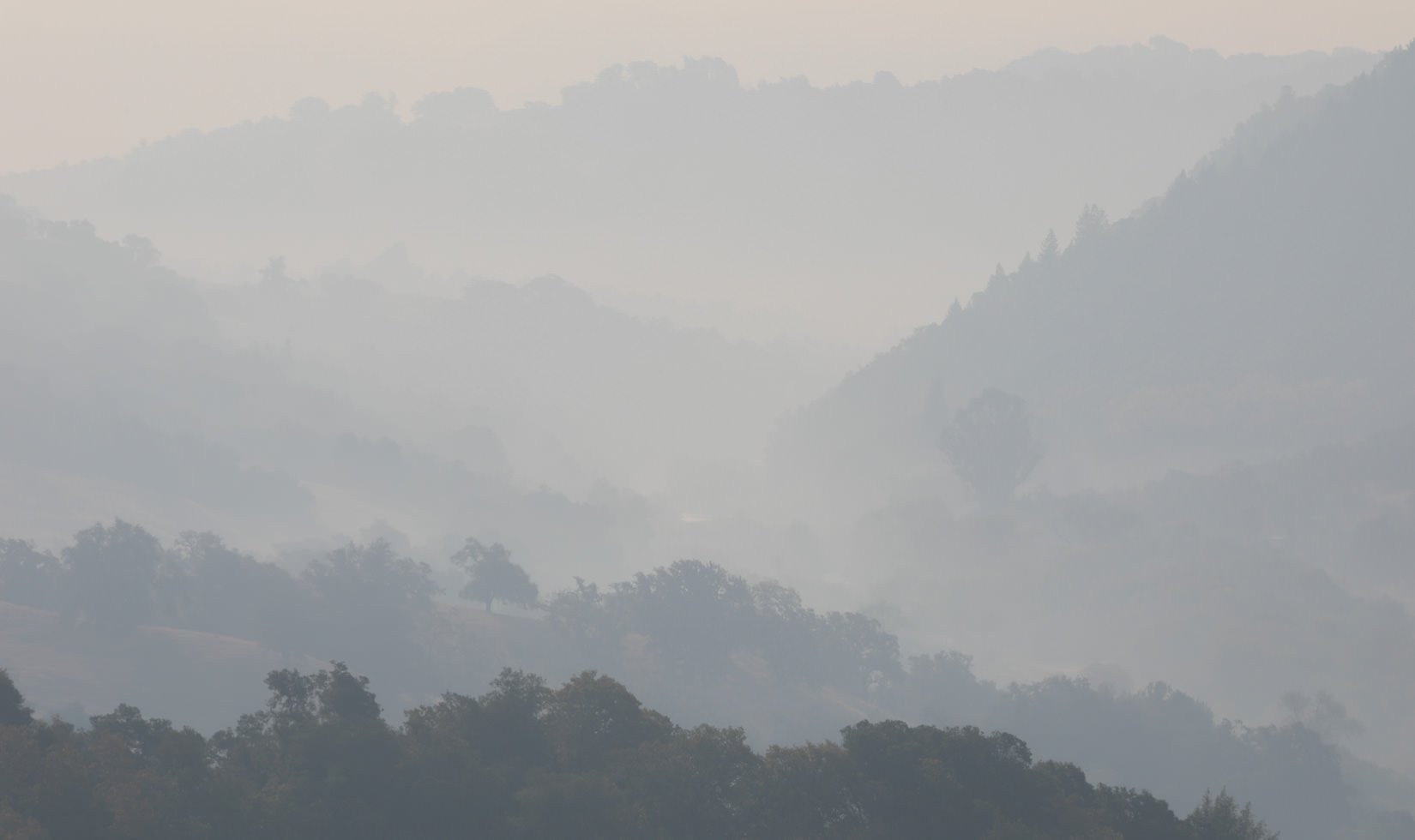 a very smokey Alexander Valley in 2017 Wine Country Wildfires, Jordan Winery mountain view, Sonoma County