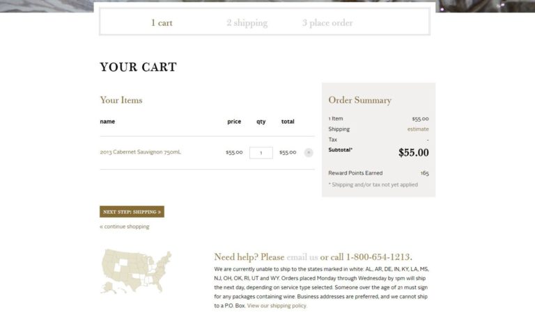 Screenshot of the new Jordan Winery Online Shopping Cart on the Jordan Winery website