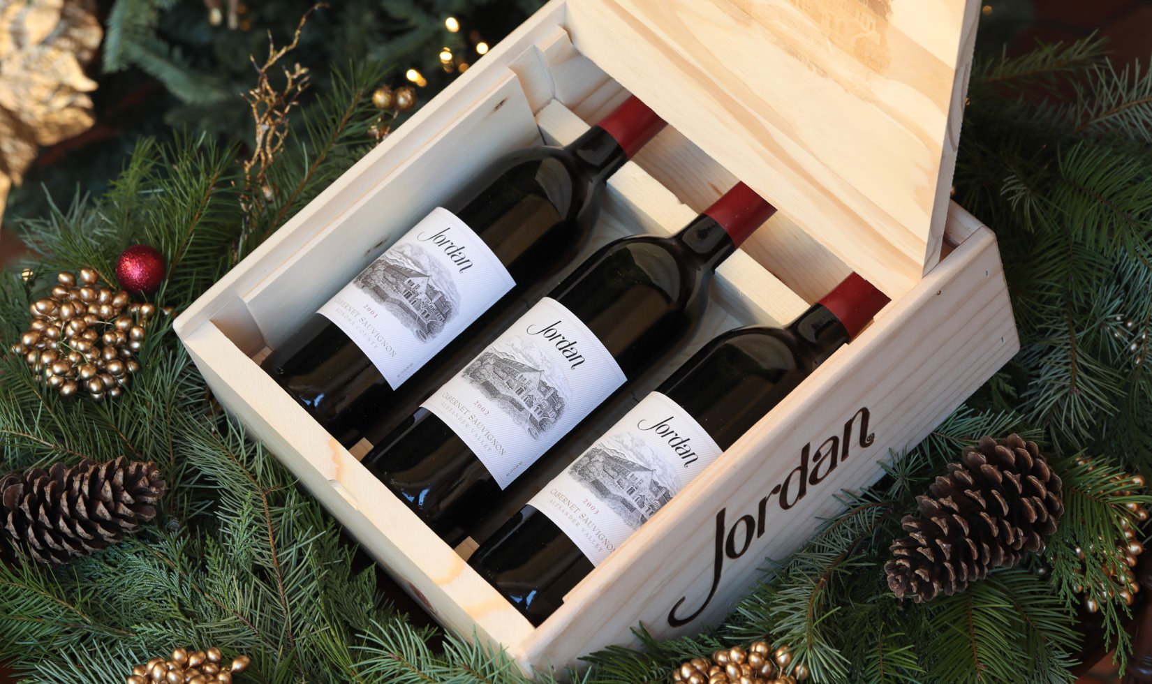 The new Jordan Vertical Wooden Wine Box includes 2001, 2002 and 2003 Jordan Cabernet Sauvignon in a wood box.