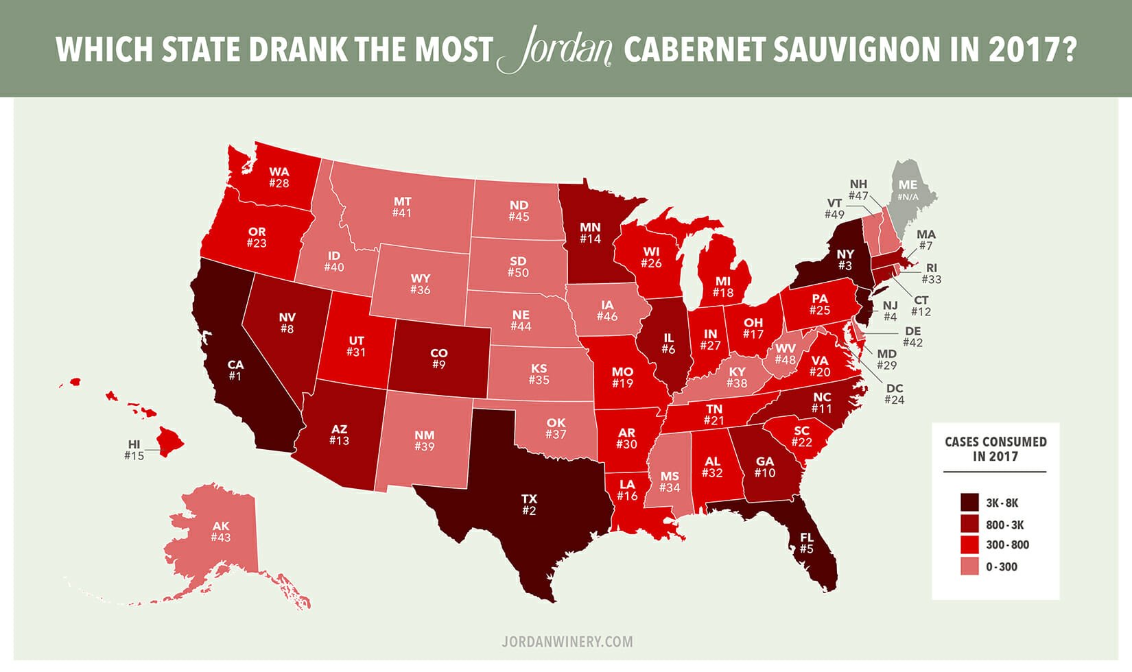 Jordan Cabernet Sauvignon Case Consumption by State Map