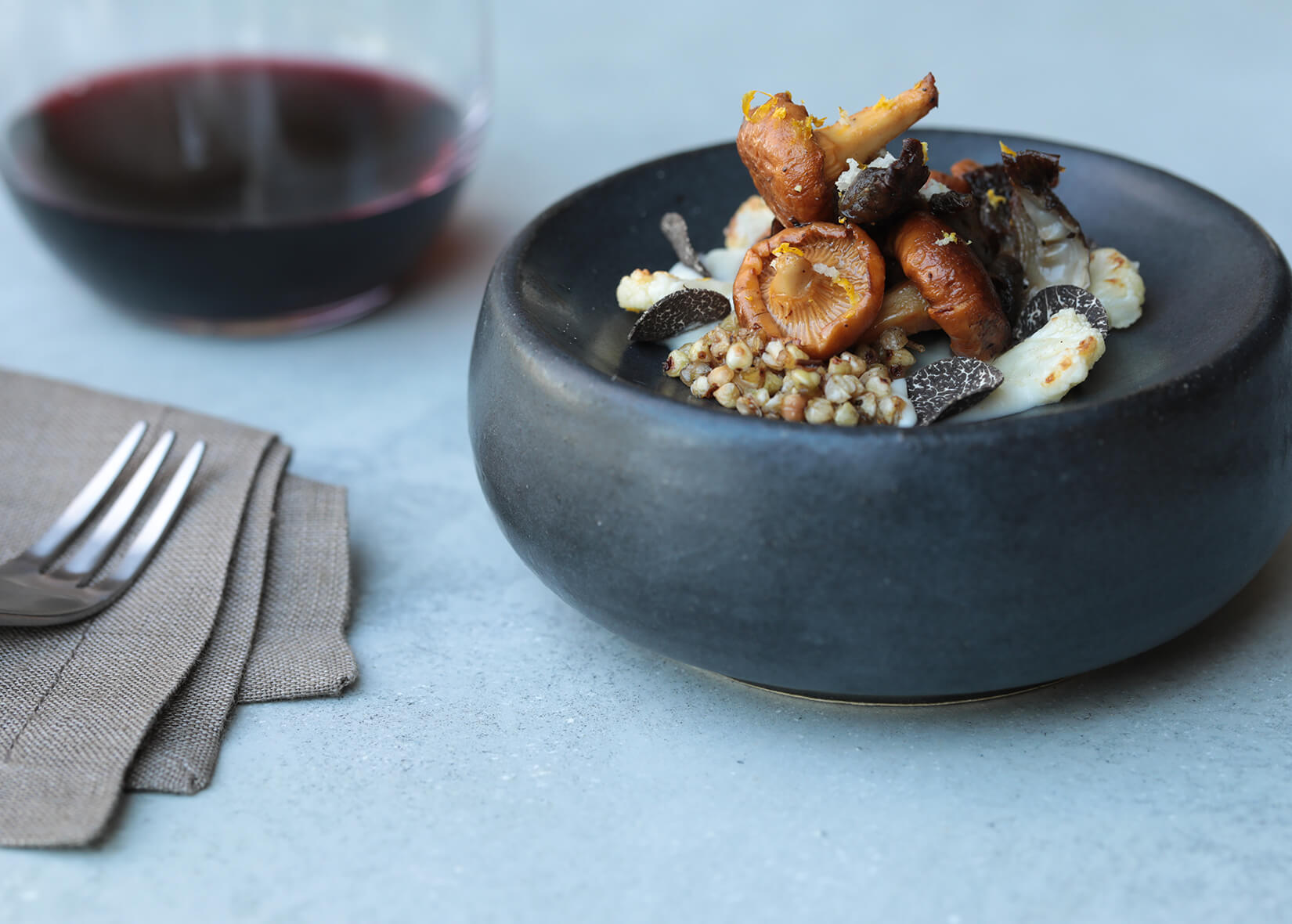 Wild mushrooms with crisped buckwheat groats