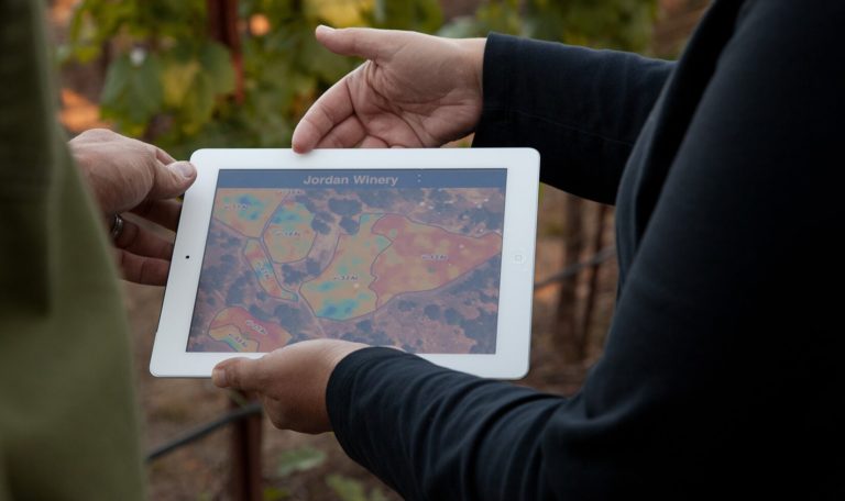 hands holding a Jordan Winery iPad displaying Normalized Difference Vegetation Index (NDVI) map of the Jordan Winey Estate