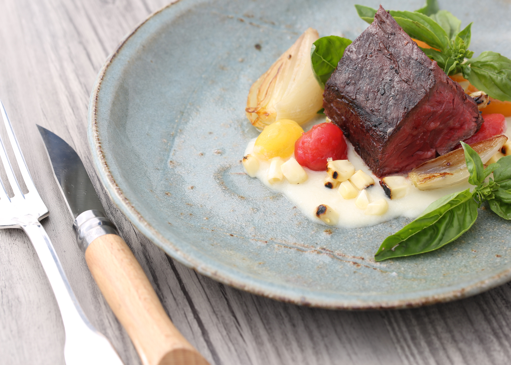 Grilled Wagyu Steak Recipe with Heirloom Tomato and Corn Pudding