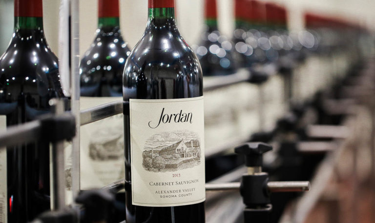 Line of freshly bottled 2013 Jordan's Cabernet Sauvignon.