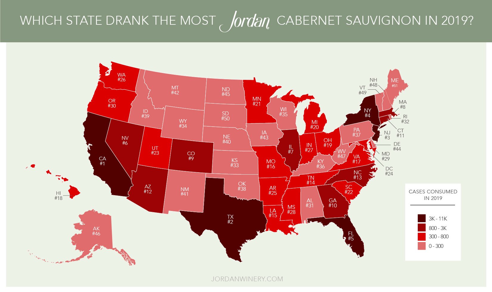 Map of how much Jordan Cabernet Sauvignon was drank by state