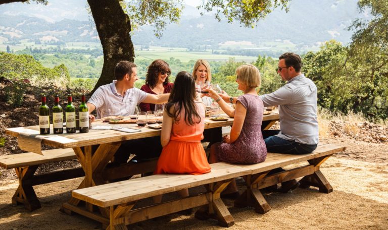 6 Guests cheers during the new Jordan Winery Chateau Block Cabernet Sauvignon tasting