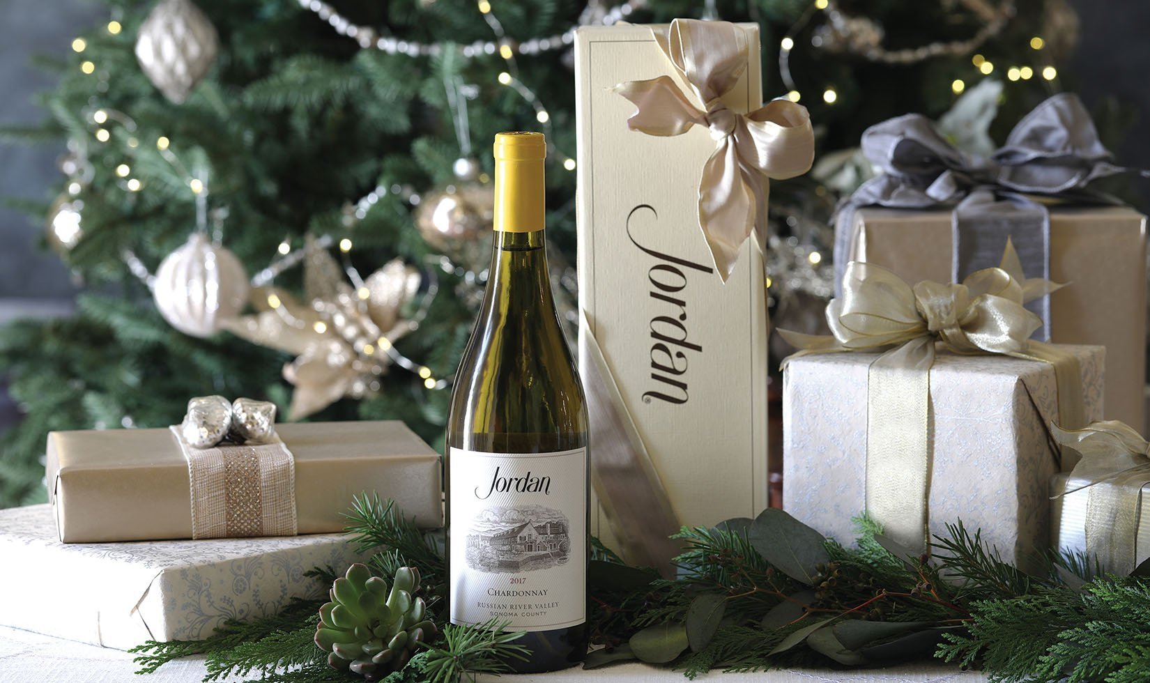 2017 Jordan Chardonnay with gift box in front of Christmas tree