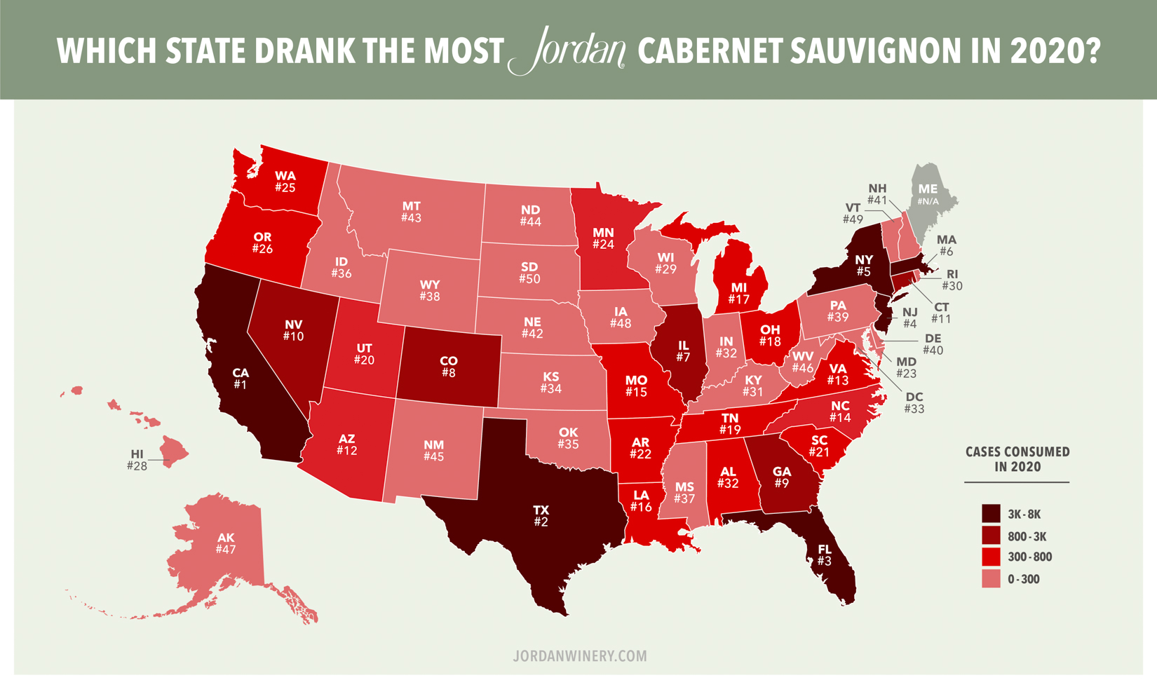 Map showing Jordan Cabernet Sauvignon wine cases purchased by state