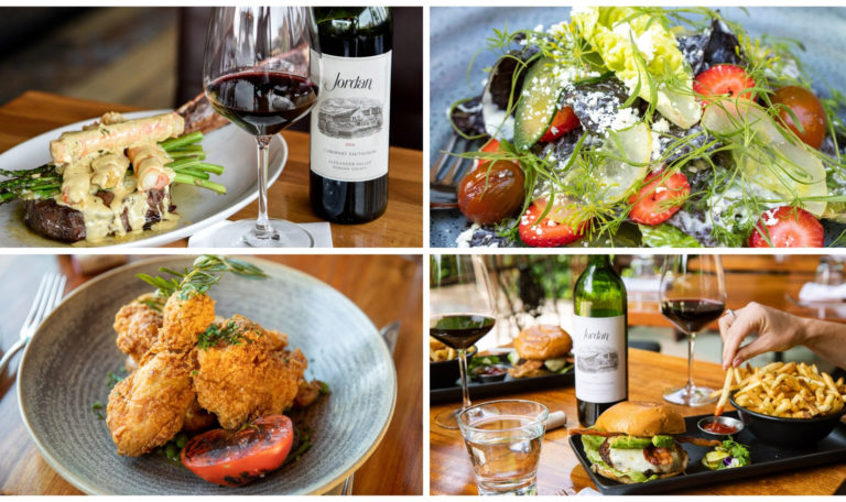 photo collage of jordan cabernet wine and restaurant food on dining tables