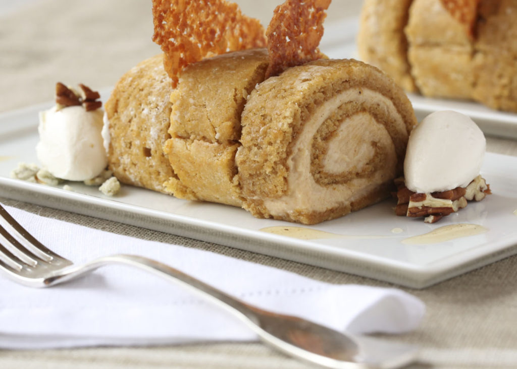 Mini pumpkin roll with phyllo crisps on plate