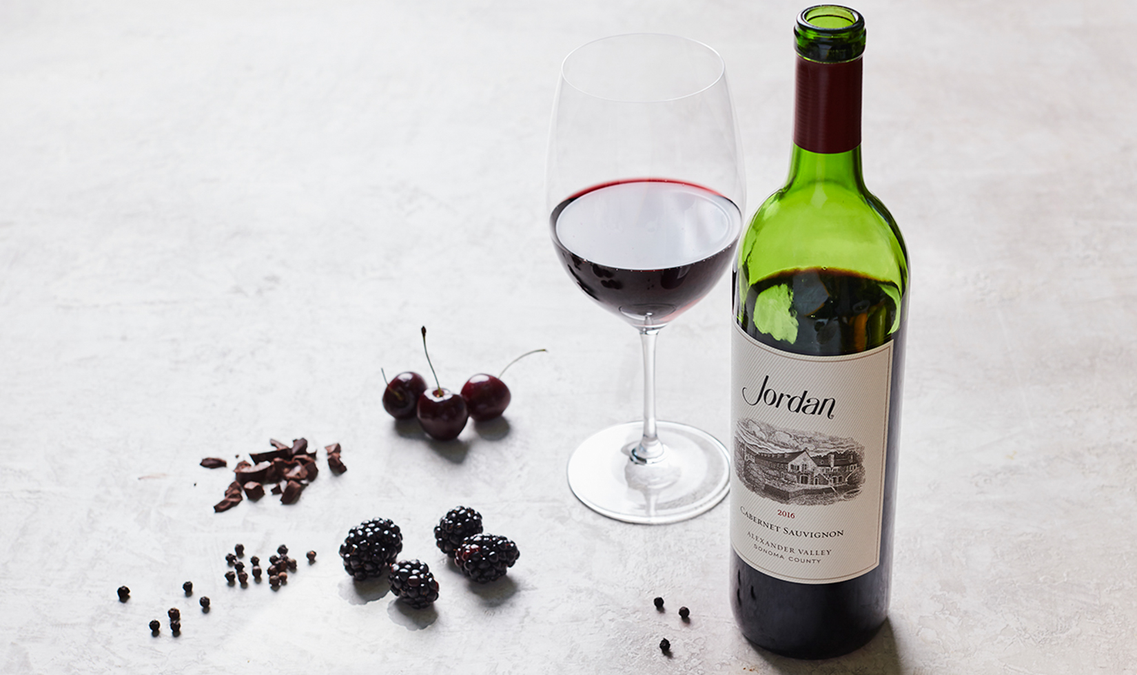 jordan winery 2016 cabernet sauvignon bottle with wine glass