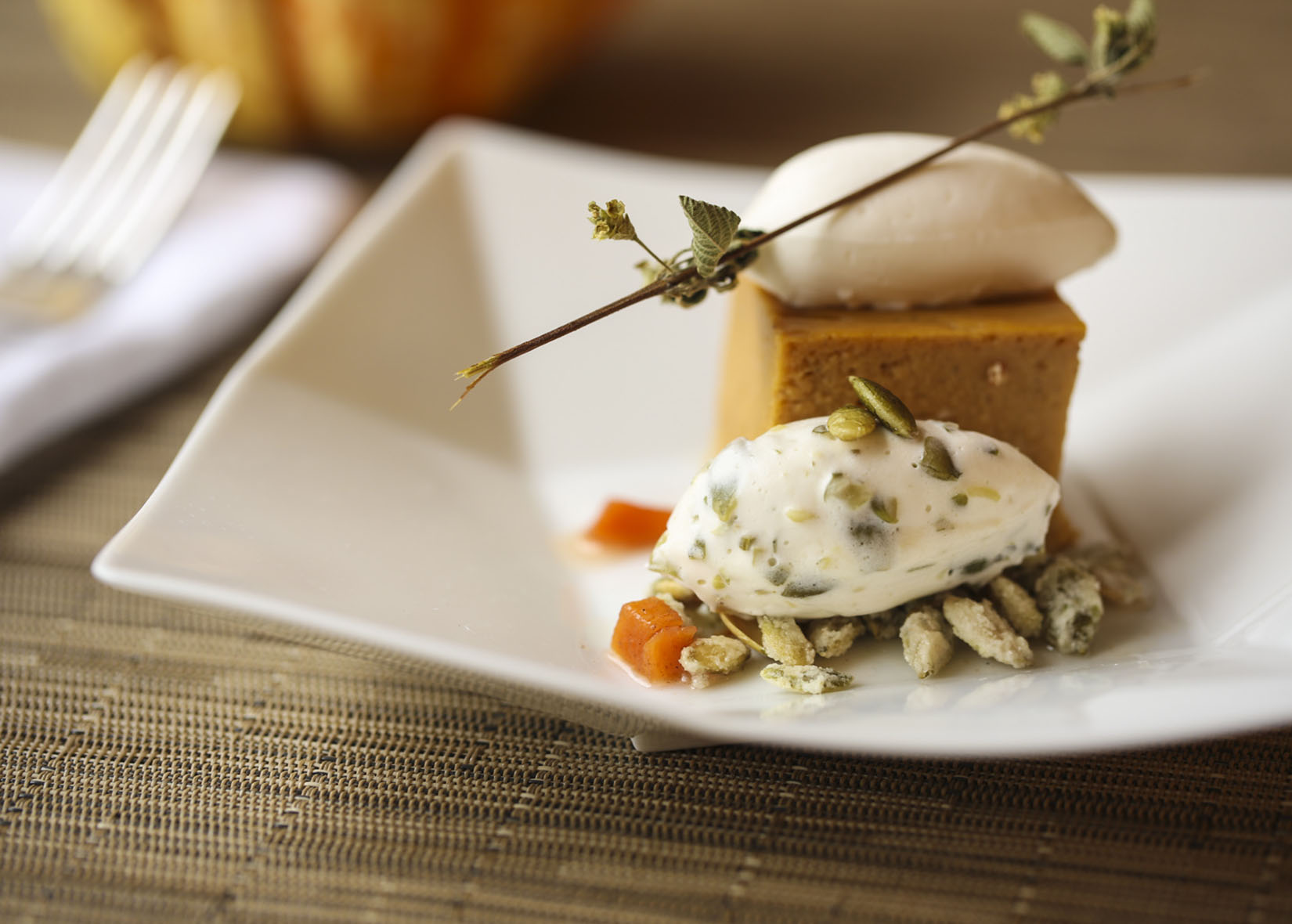 Jordan Winery's pumpkin pie with fresh whipped cream and pumpkin seed mousse