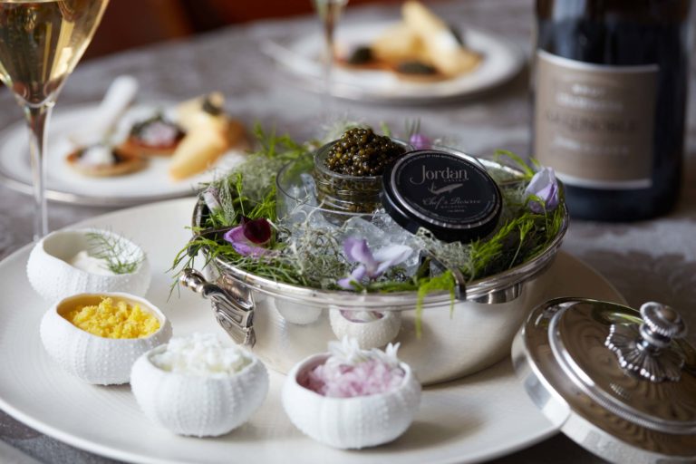 Jordan Chef's Reserve Caviar and Jordan Cuvee by Champagne AR Lenoble in beautiful table setting