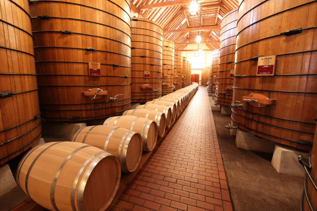 Oak cask room at Jordan Winery