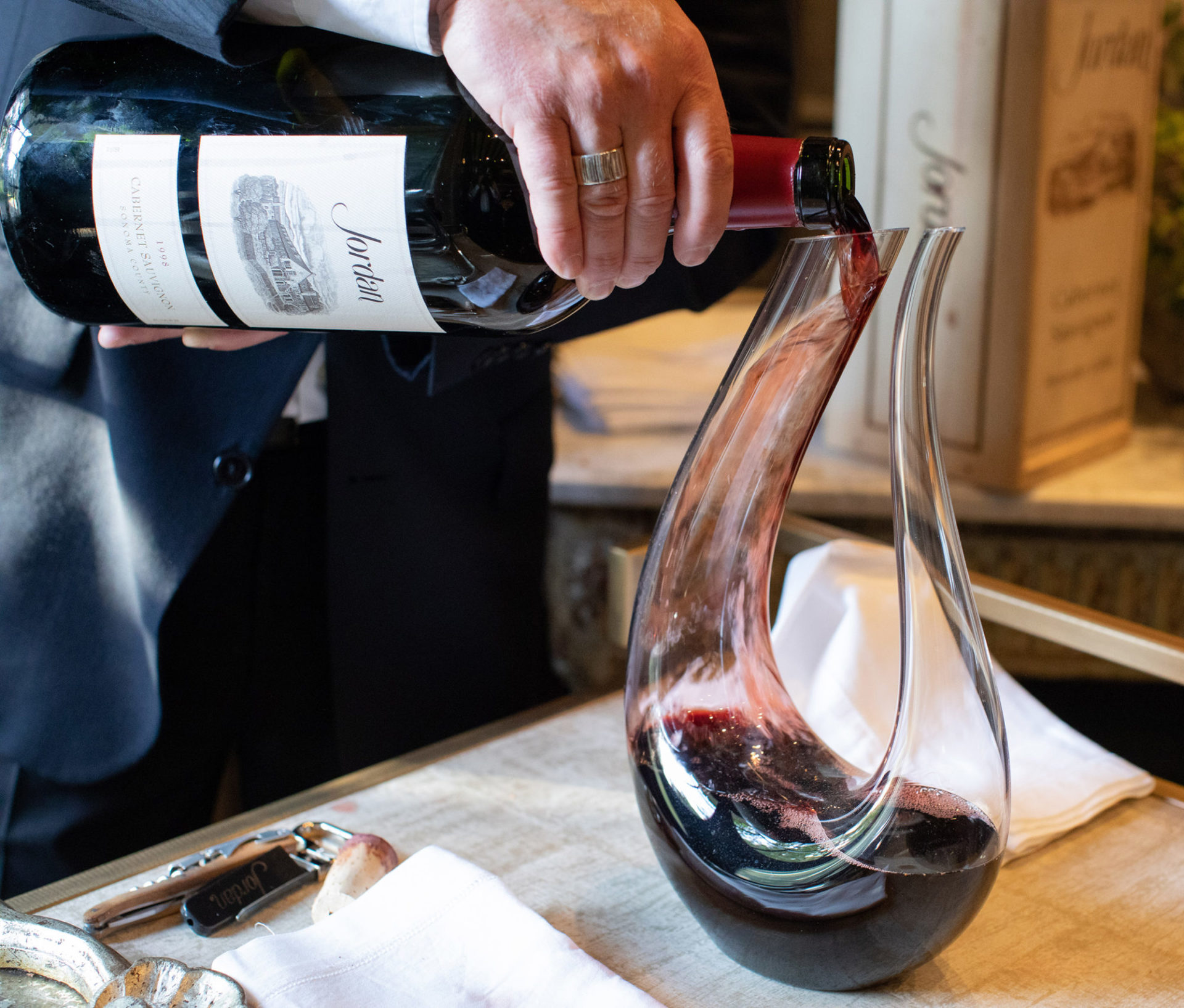 Decanting large bottle of Jordan Cabernet Sauvignon