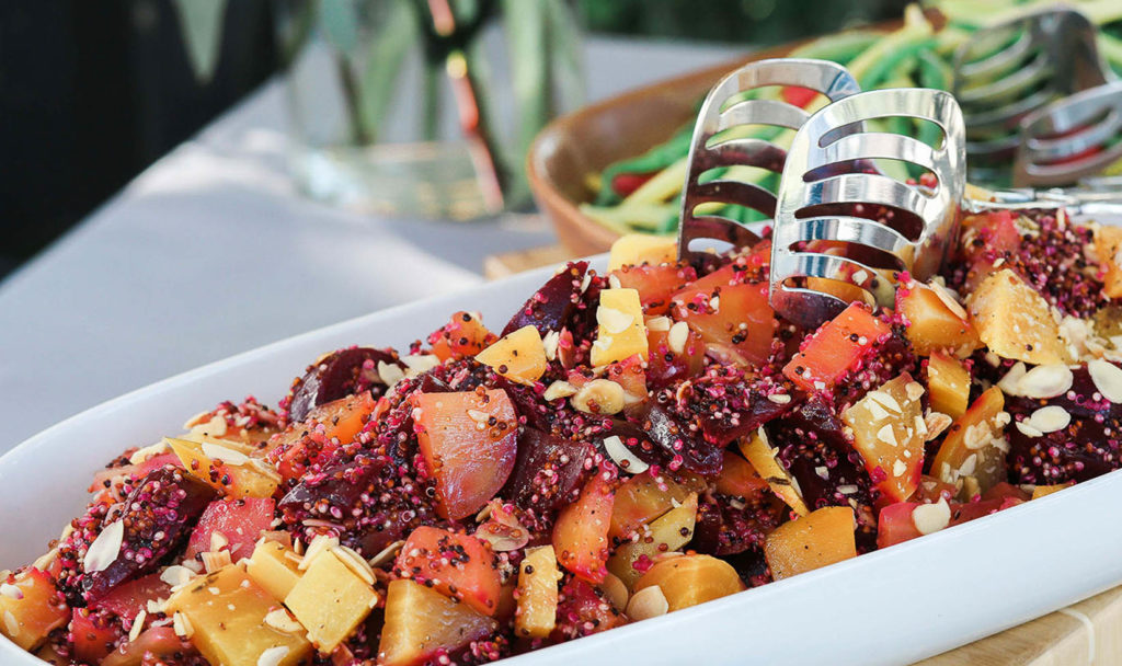 A serving dish full of beet salad