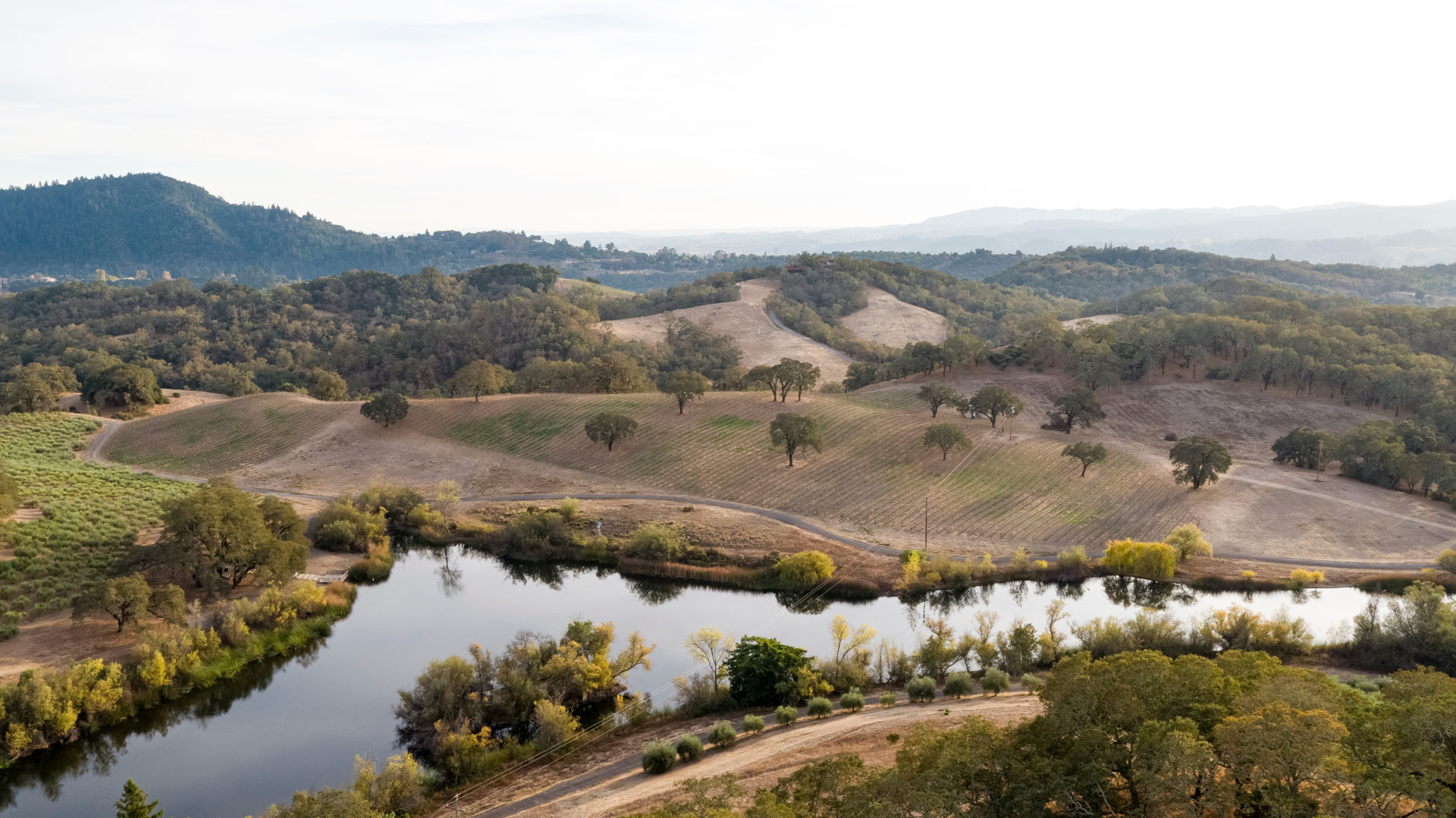 Landscape of river, fields and mountains at Jordan Winery