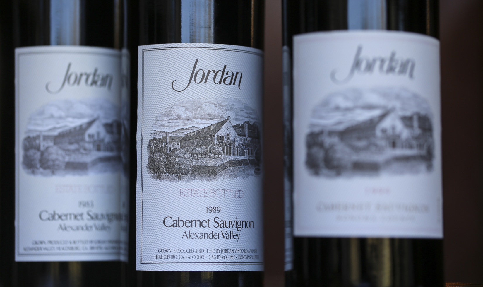 Bottles of various vintages of Jordan Cabernet Sauvignon