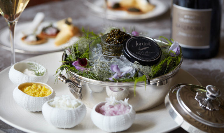 Jordan Chef's Reserve Caviar and Jordan Cuvee by Champagne AR Lenoble in beautiful table setting